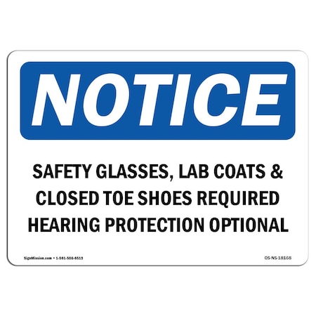 Signmission OSHA Sign, Glasses Lab Coats & Closed Toe Shoes, 14in X 10in Aluminum, 14" W, 10" H, Landscape OS-NS-A-1014-L-18168